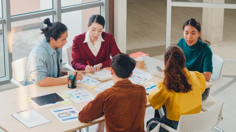 multiracial group young creative people smart casual wear discussing business brainstorming meeting ideas mobile application software design project modern office coworker teamwork concept (2)