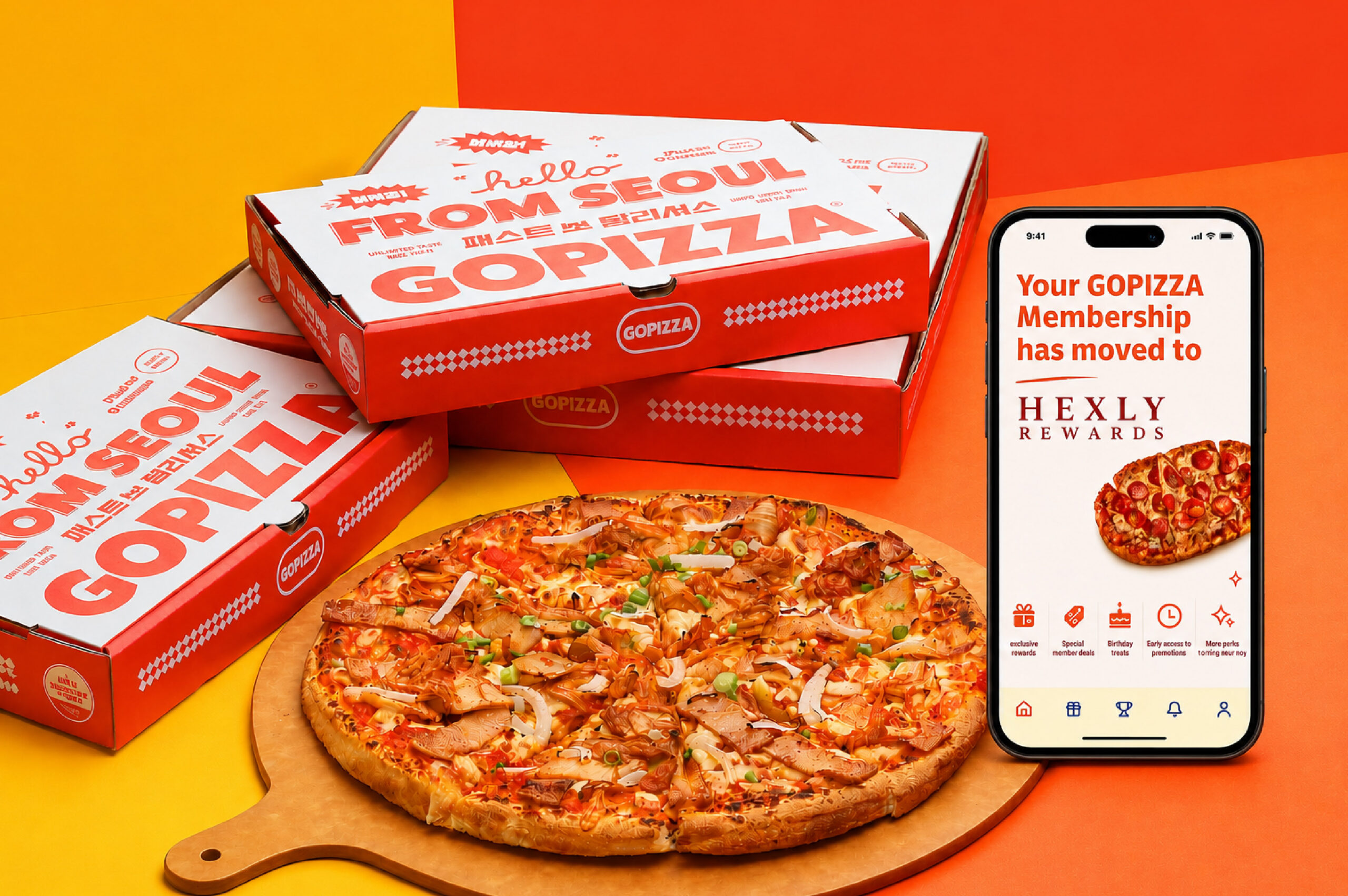 GOPIZZA pizza boxes and the Hexly Rewards membership screen on a phone