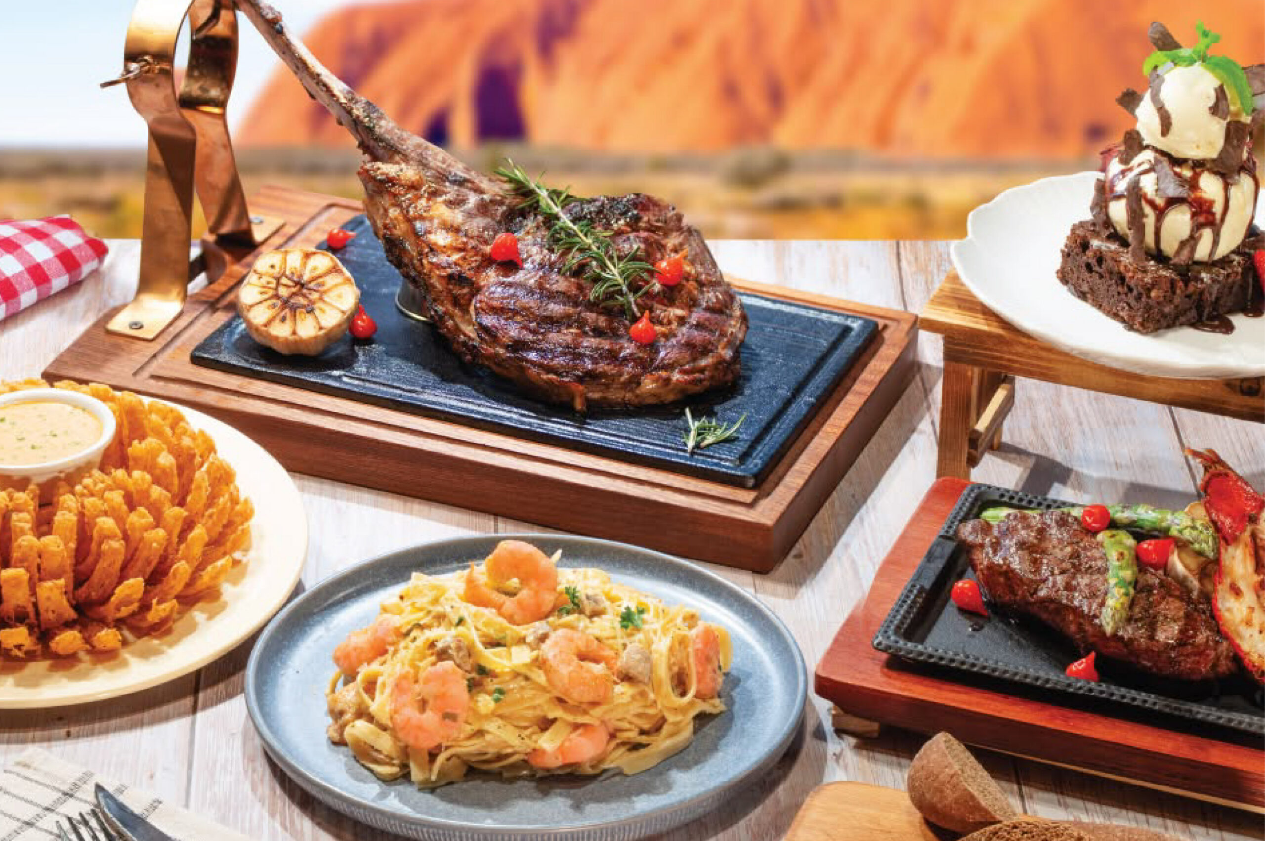 Outback Steakhouse signature dishes: tomahawk steak, seafood pasta, and Bloomin' Onion